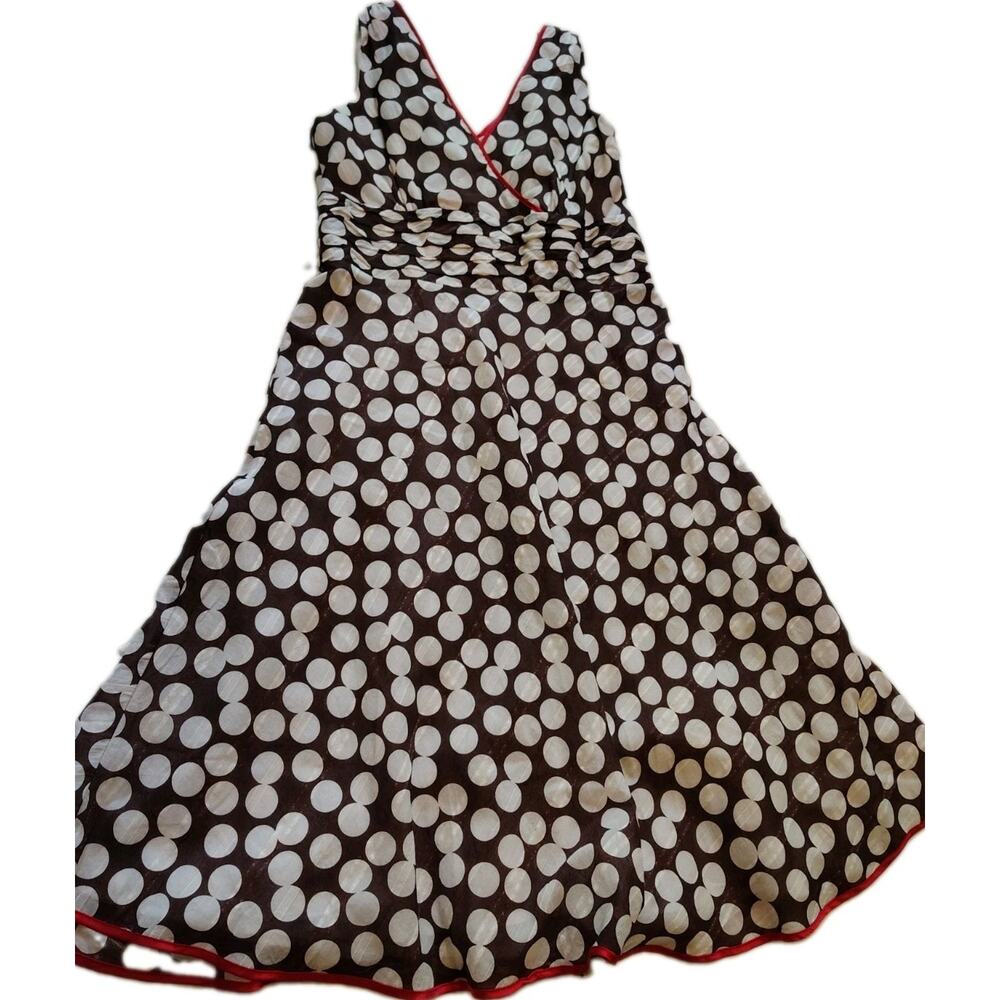 Amanda Lane Polka Dot A-Line Midi Dress Brown White Red Trim Size 12 Cotton... - Picture 12 of 14
